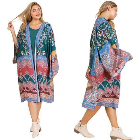 New UMGEE Size XL 1XL Front Kimono Cardigan Duster Boho Print Flower Midi NWT - Picture 1 of 9